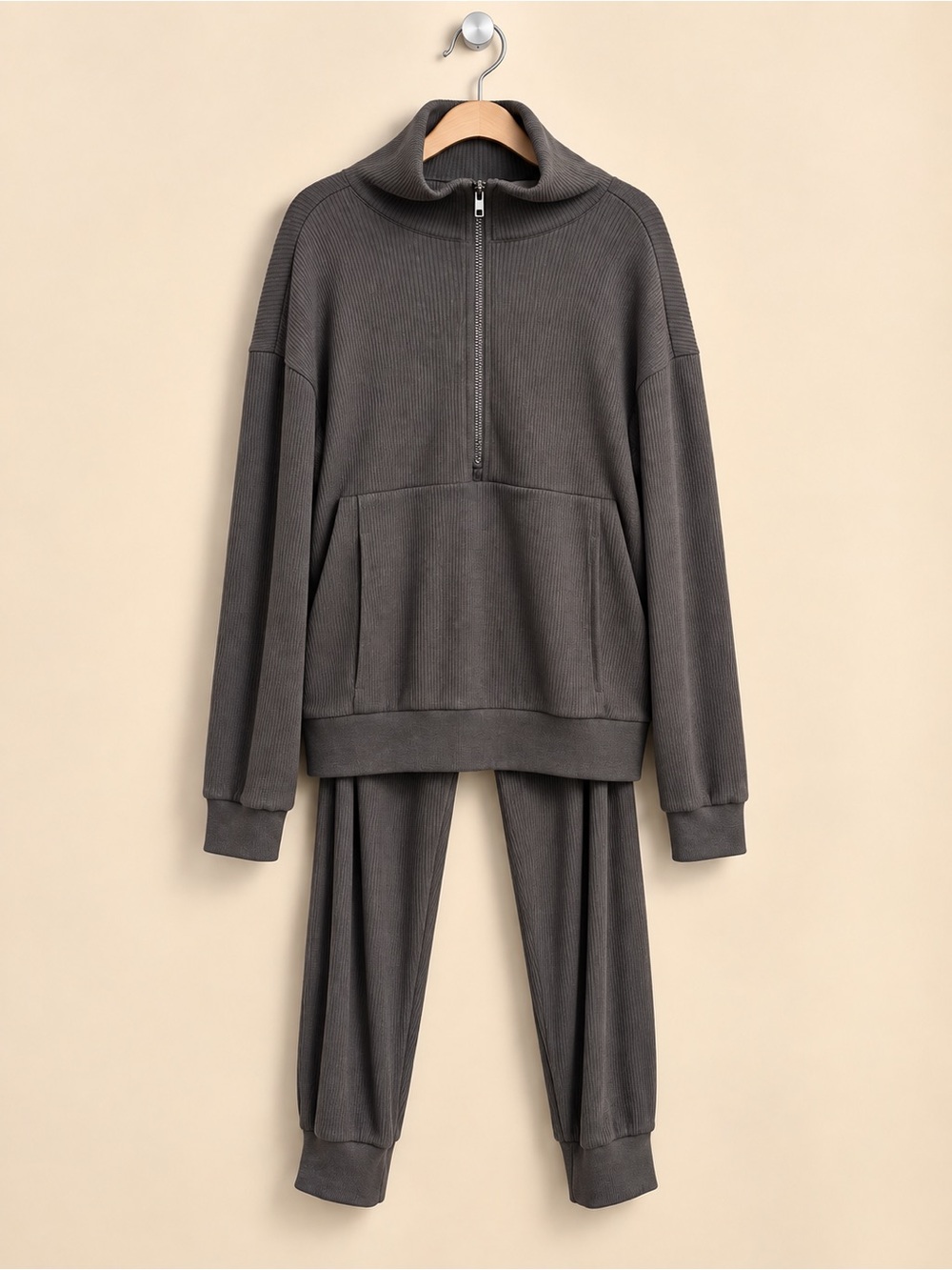 BTFBM Gray Ribbed 2-Piece Tracksuit Lounge Set Half Zip Size M Like New